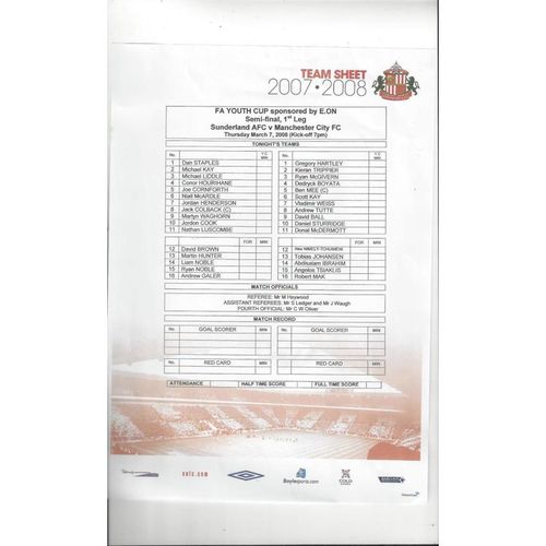 2007/08 Sunderland v Manchester City FA Youth Cup Semi Final Programme + Team Sheet