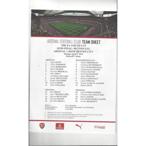 2015/16 Arsenal v Manchester City FA Youth Cup Semi Final Football Team Sheet