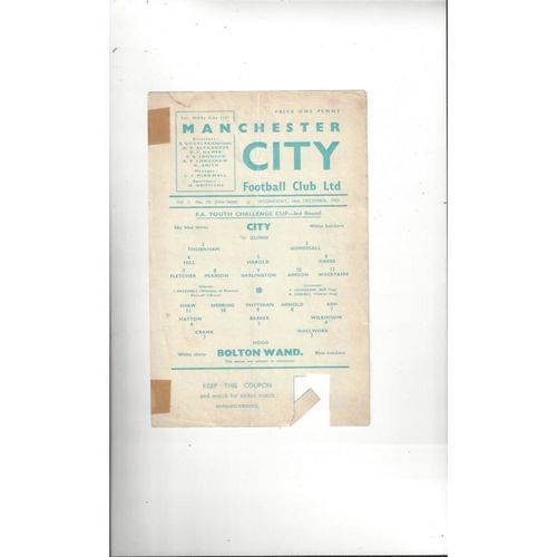 Manchester City v Bolton Wanderers FA Youth Cup Football Programme 1959/60