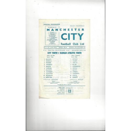 Manchester City v Oldham Athletic FA Youth Cup Football Programme 1967/68