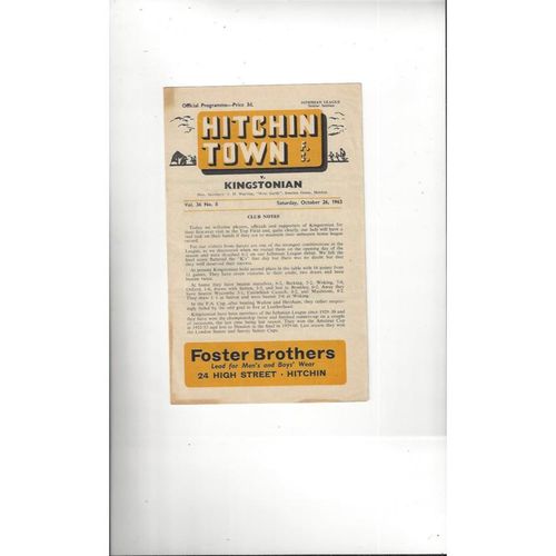 1963/64 Hitchin Town v Kingstonian Football Programme