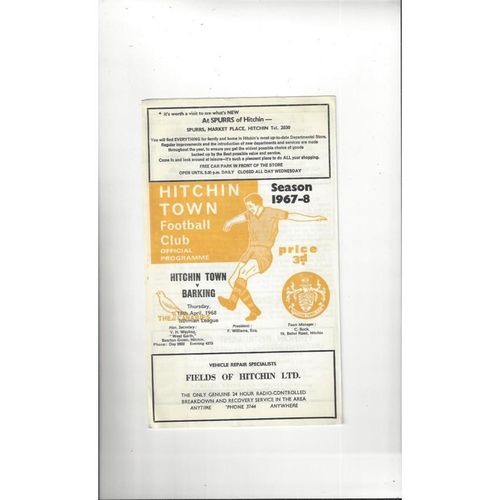 1967/68 Hitchin Town v Barking Football Programme