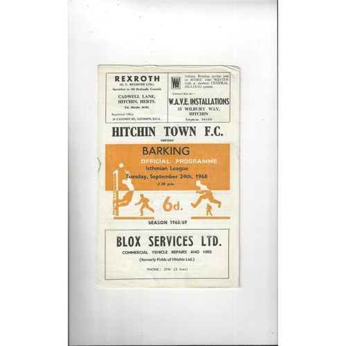 1968/69 Hitchin Town v Barking Football Programme