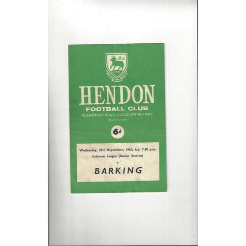 1967/68 Hendon v Barking Football Programme