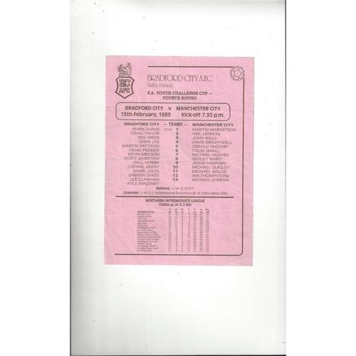 Bradford City v Manchester City FA Youth Cup Football Programme 1988/89