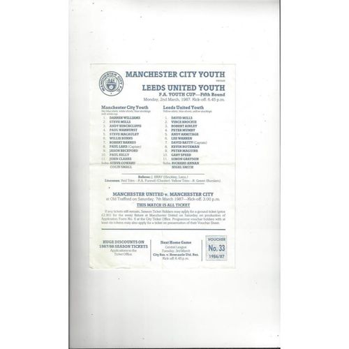 Manchester City v Leeds United FA Youth Cup Football Programme 1986/87