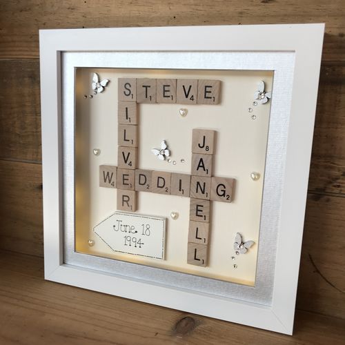 Customised Silver Wedding Scrabble Name Box Frame