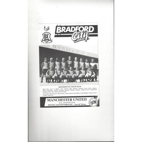 Bradford City v Manchester United FA Youth Cup Football Programme 1993/94