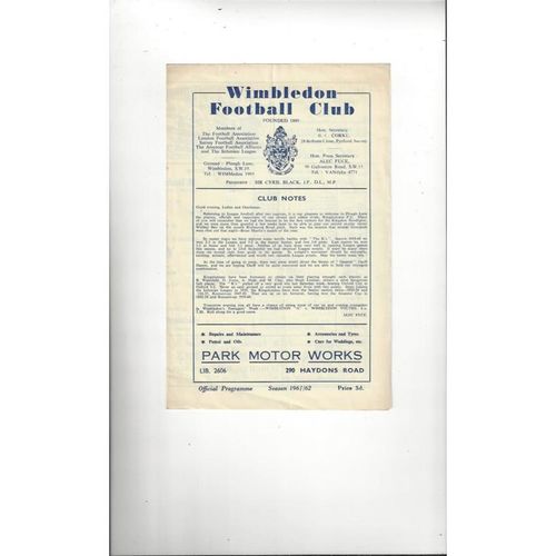 1961/62 Wimbledon v Kingstonian Football Programme