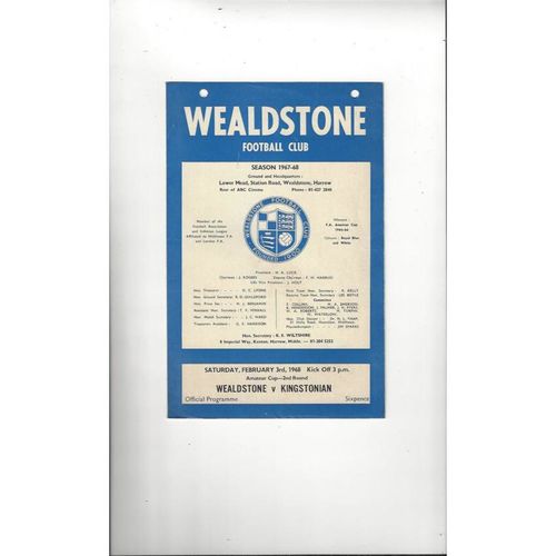 1967/68 Wealdstone v Kingstonian Amateur Cup Football Programme