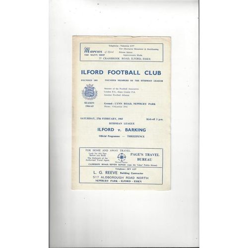 1964/65 Ilford v Barking Football Programme