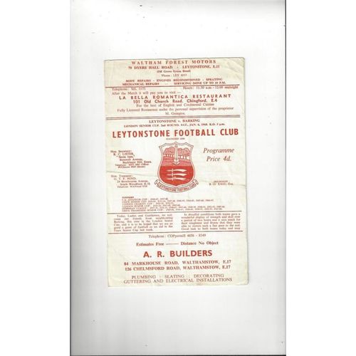 1967/68 Leytonstone v Barking London Senior Cup Football Programme