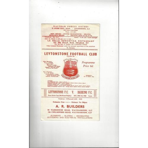 1967/68 Leytonstone v Barking Essex Senior Cup Replay Football Programme