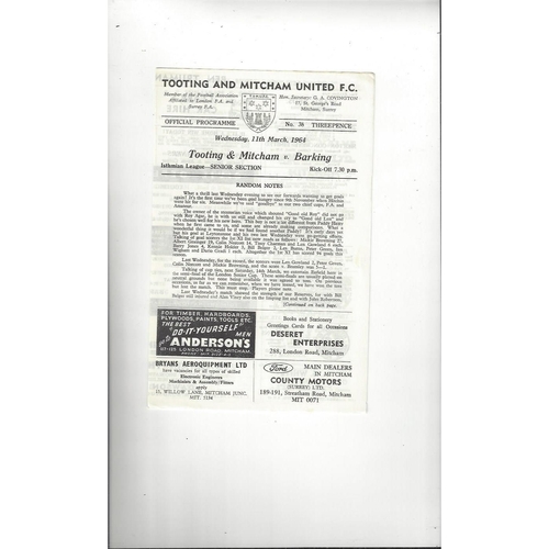 1963/64 Tooting & Mitcham United v Barking Football Programme