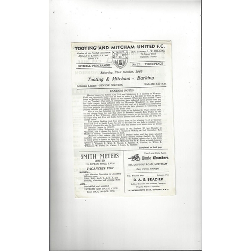 1965/66 Tooting & Mitcham United v Barking Football Programme