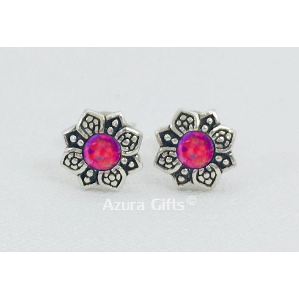 Dark Pink Opal Silver Flower Earrings