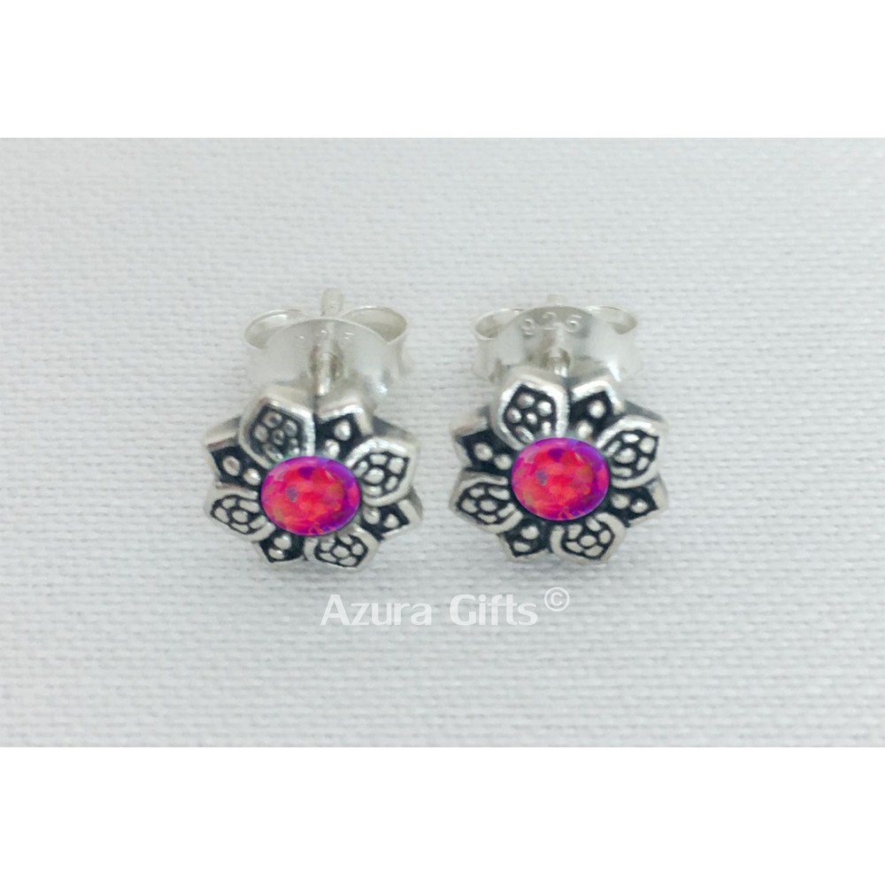 Dark Pink Opal Silver Flower Earrings
