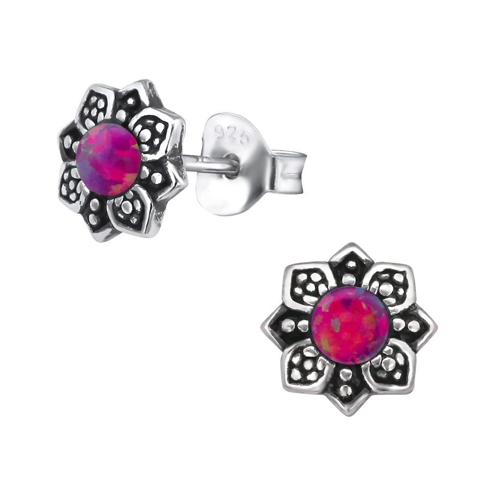 Dark Pink Opal Silver Flower Earrings