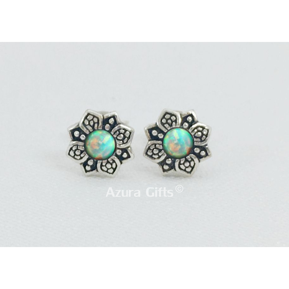 Icy Green Opal Silver Flower Earrings