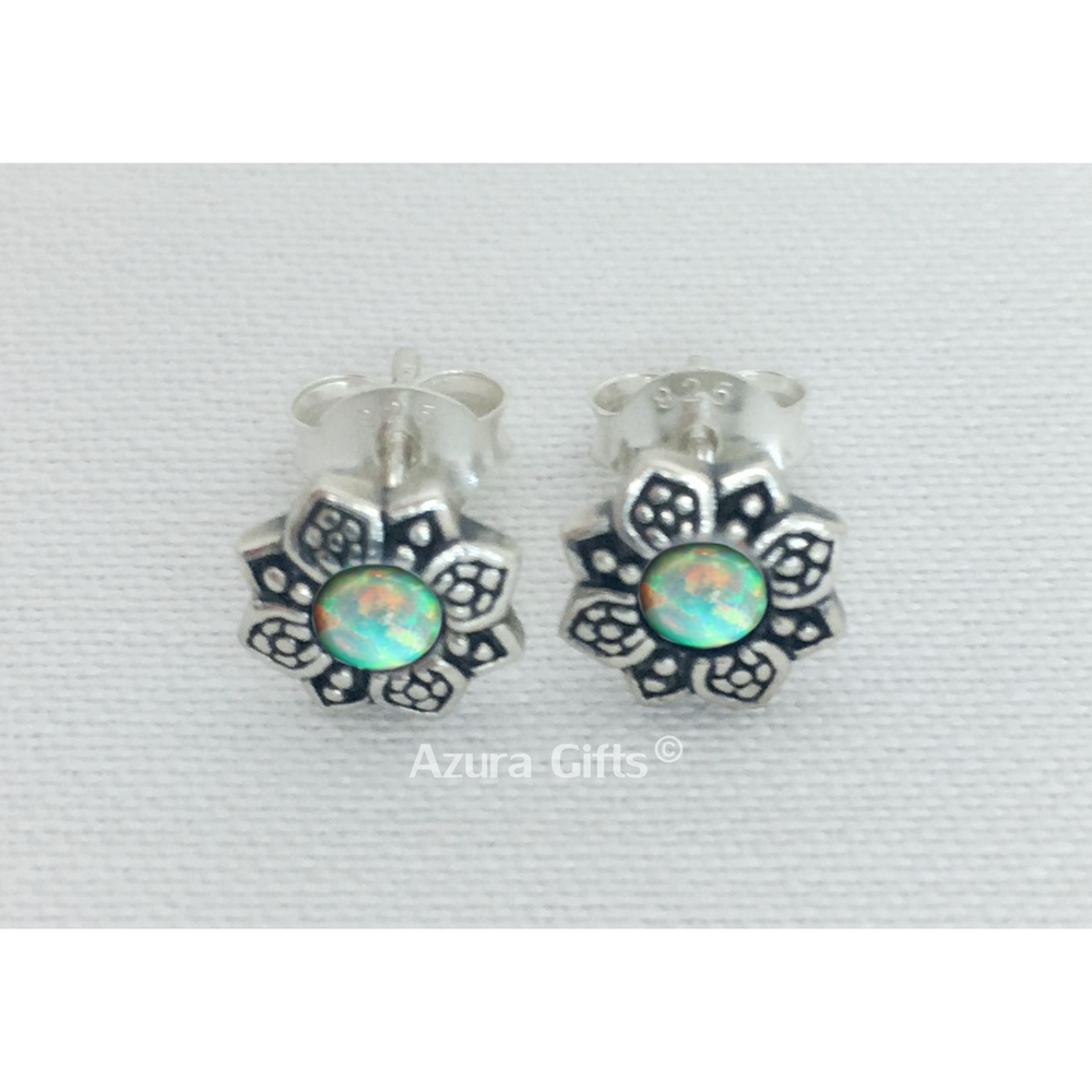 Icy Green Opal Silver Flower Earrings