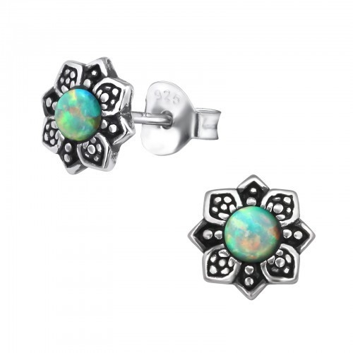 Icy Green Opal Silver Flower Earrings