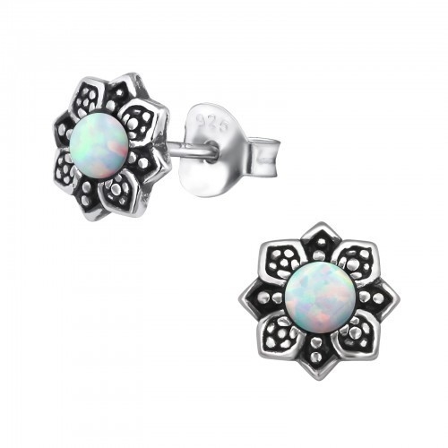 White Opal Silver Flower Earrings