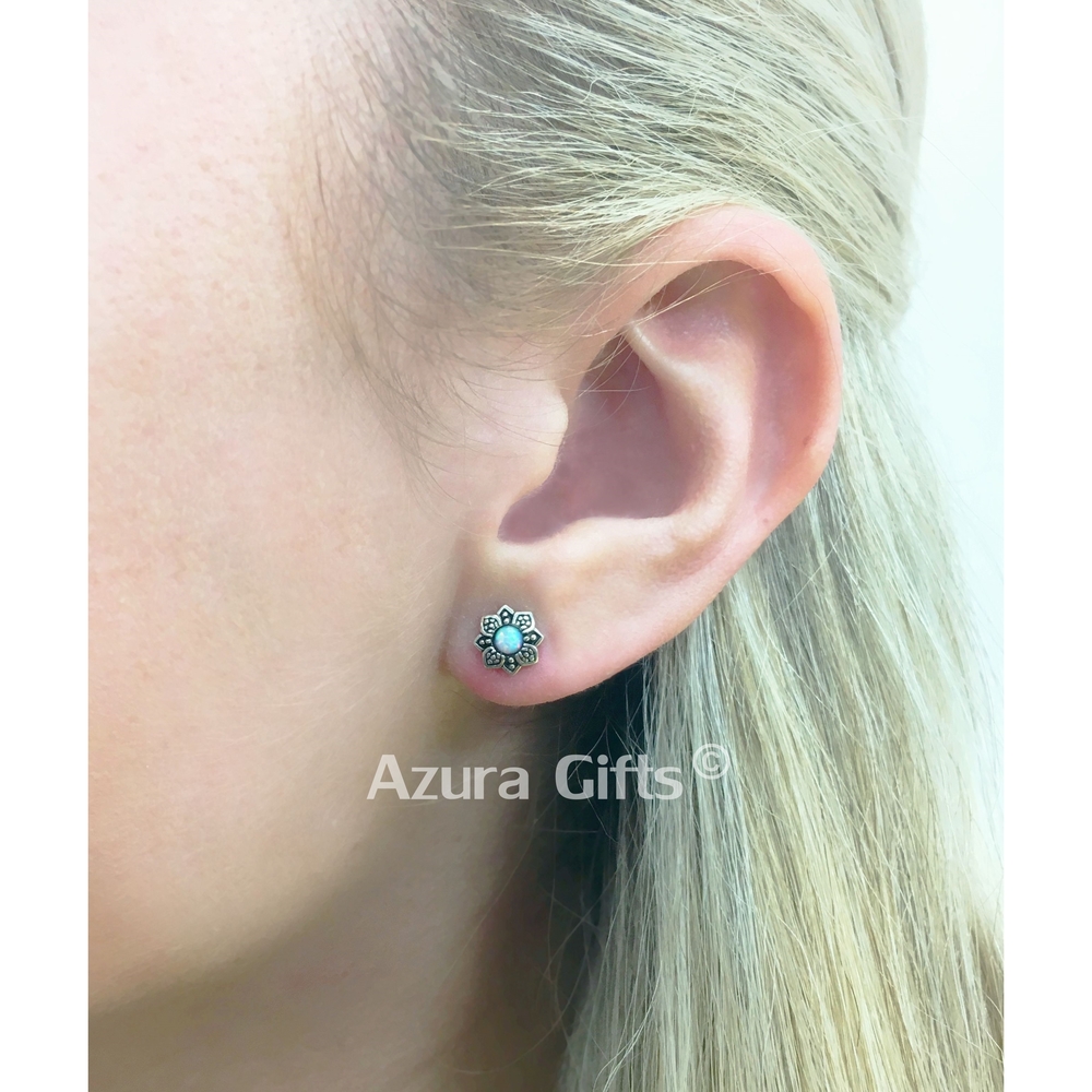 White Opal Silver Flower Earrings
