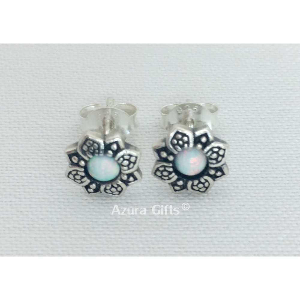 White Opal Silver Flower Earrings