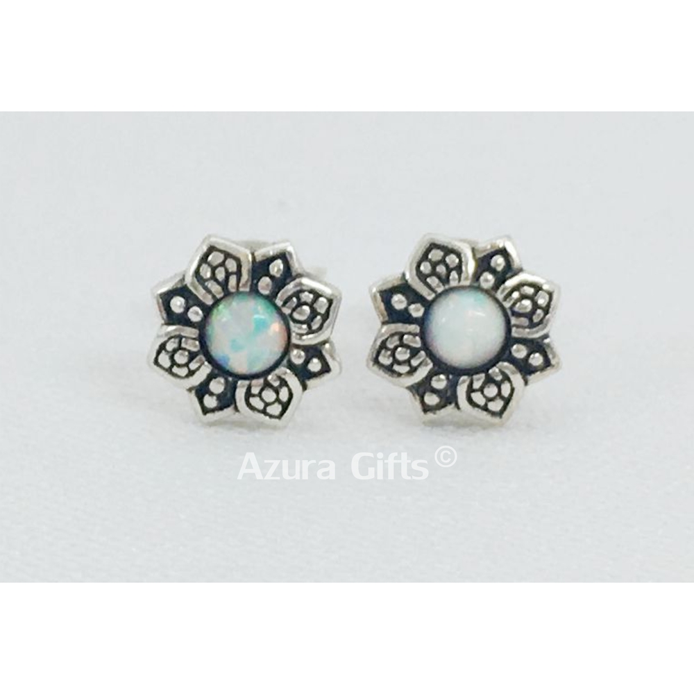 White Opal Silver Flower Earrings