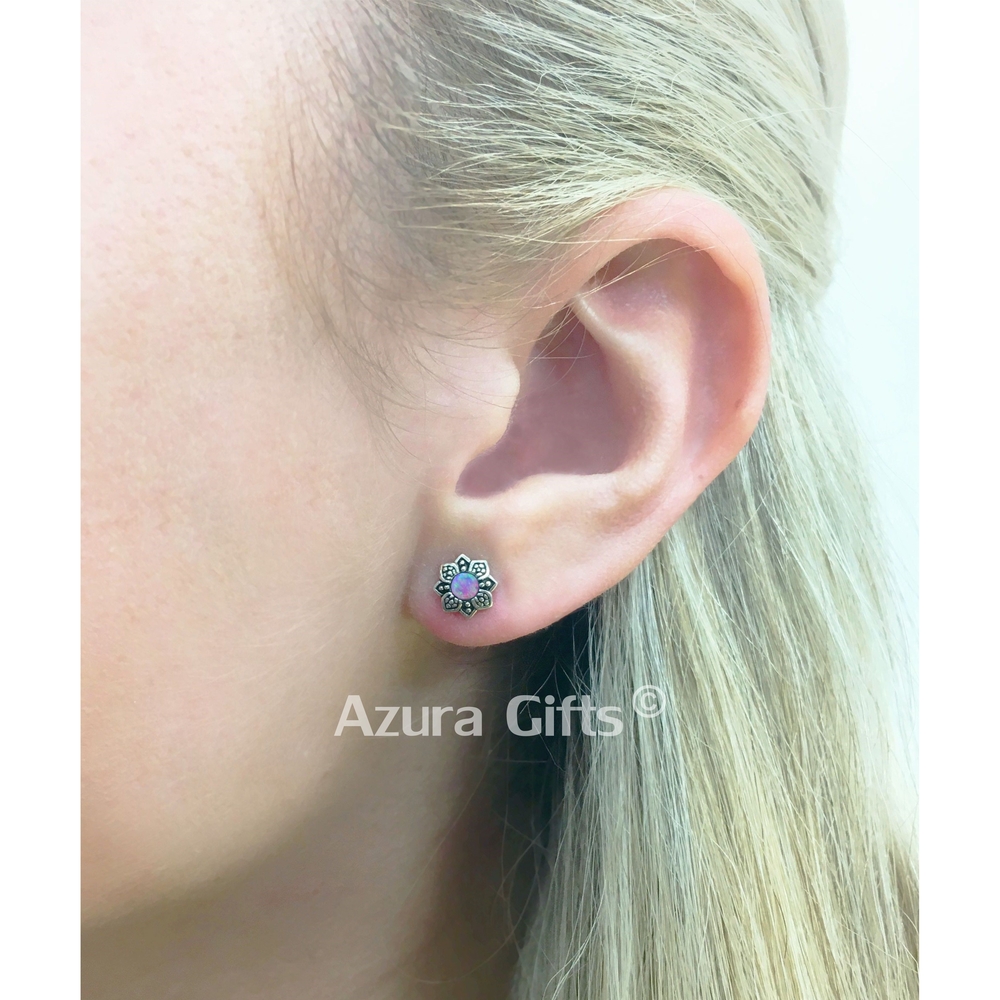 Rainbow Opal Silver Flower Earrings