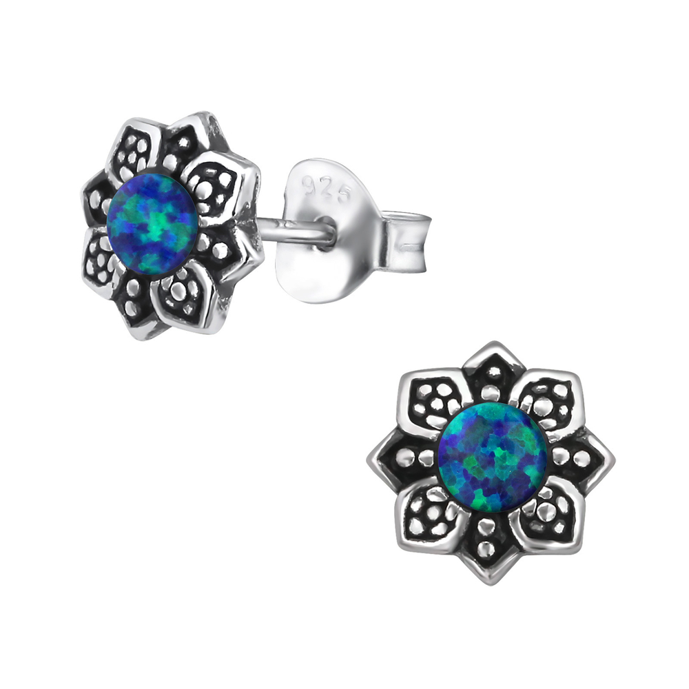 Peacock Opal Silver Flower Earrings