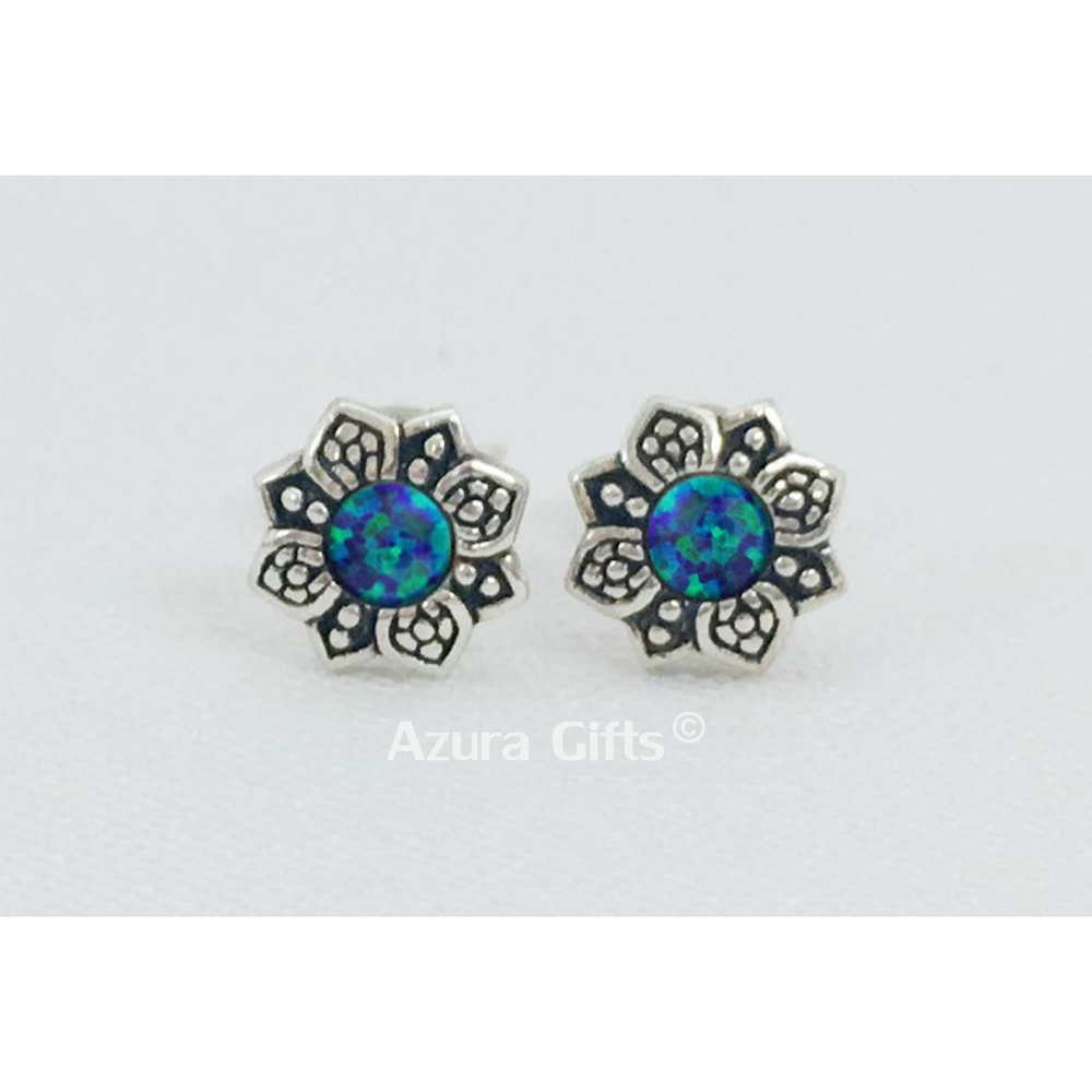 Peacock Opal Silver Flower Earrings