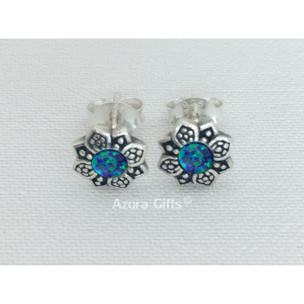 Peacock Opal Silver Flower Earrings