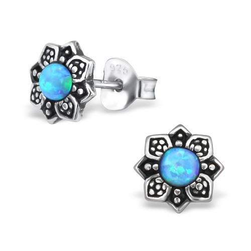 Blue Opal Silver Flower Earrings