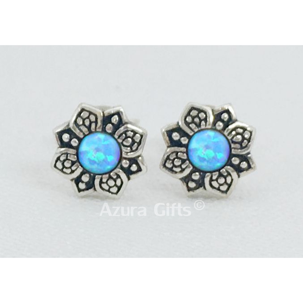 Blue Opal Silver Flower Earrings