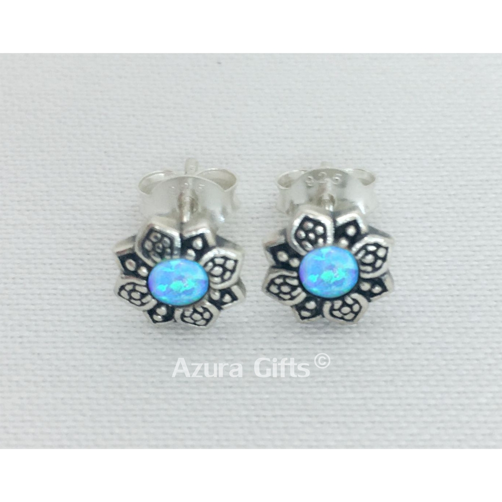 Blue Opal Silver Flower Earrings