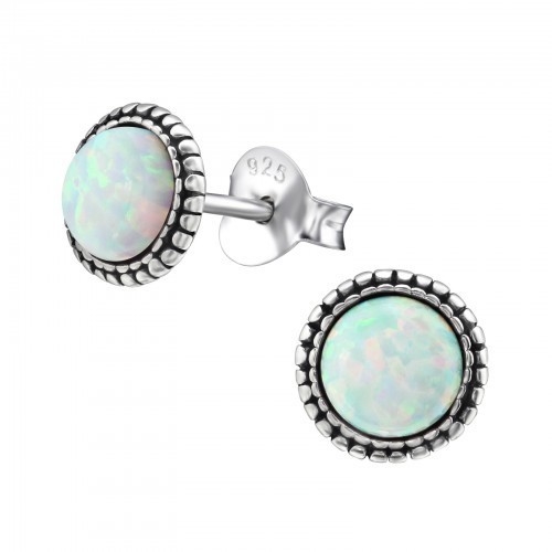 White Opal Silver Round Earrings