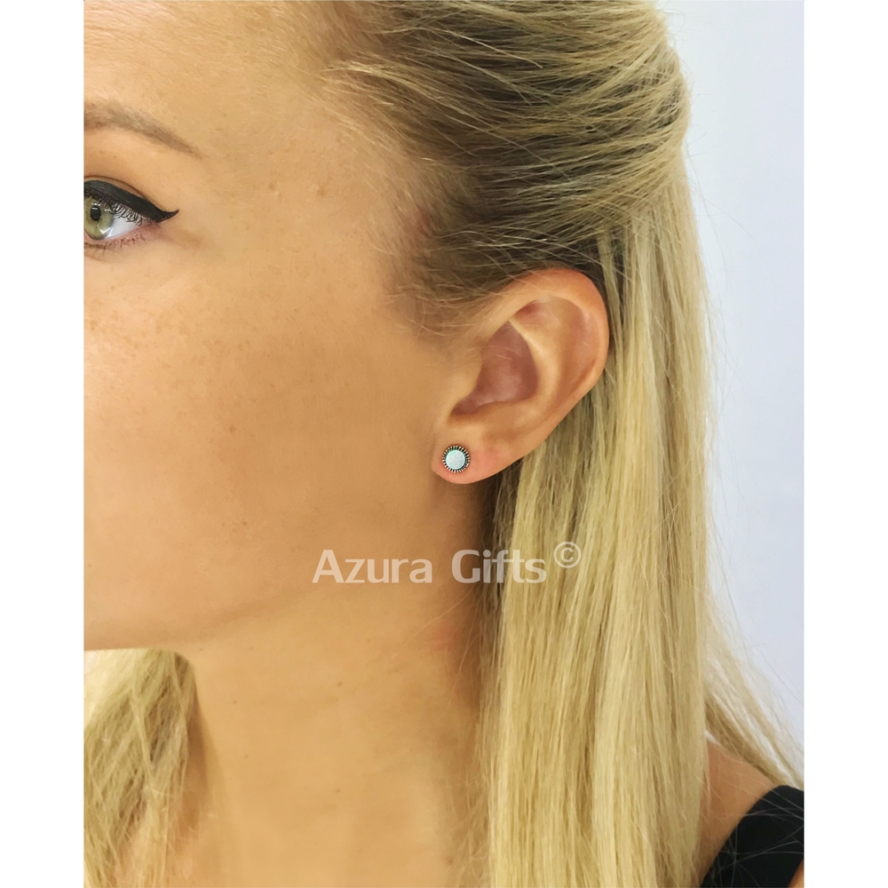 White Opal Silver Round Earrings