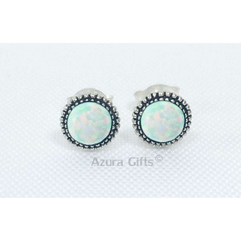 White Opal Silver Round Earrings