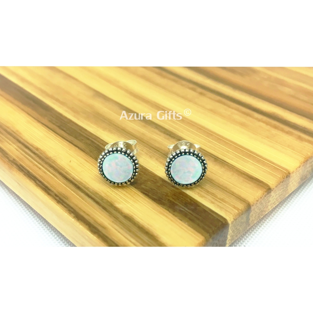White Opal Silver Round Earrings
