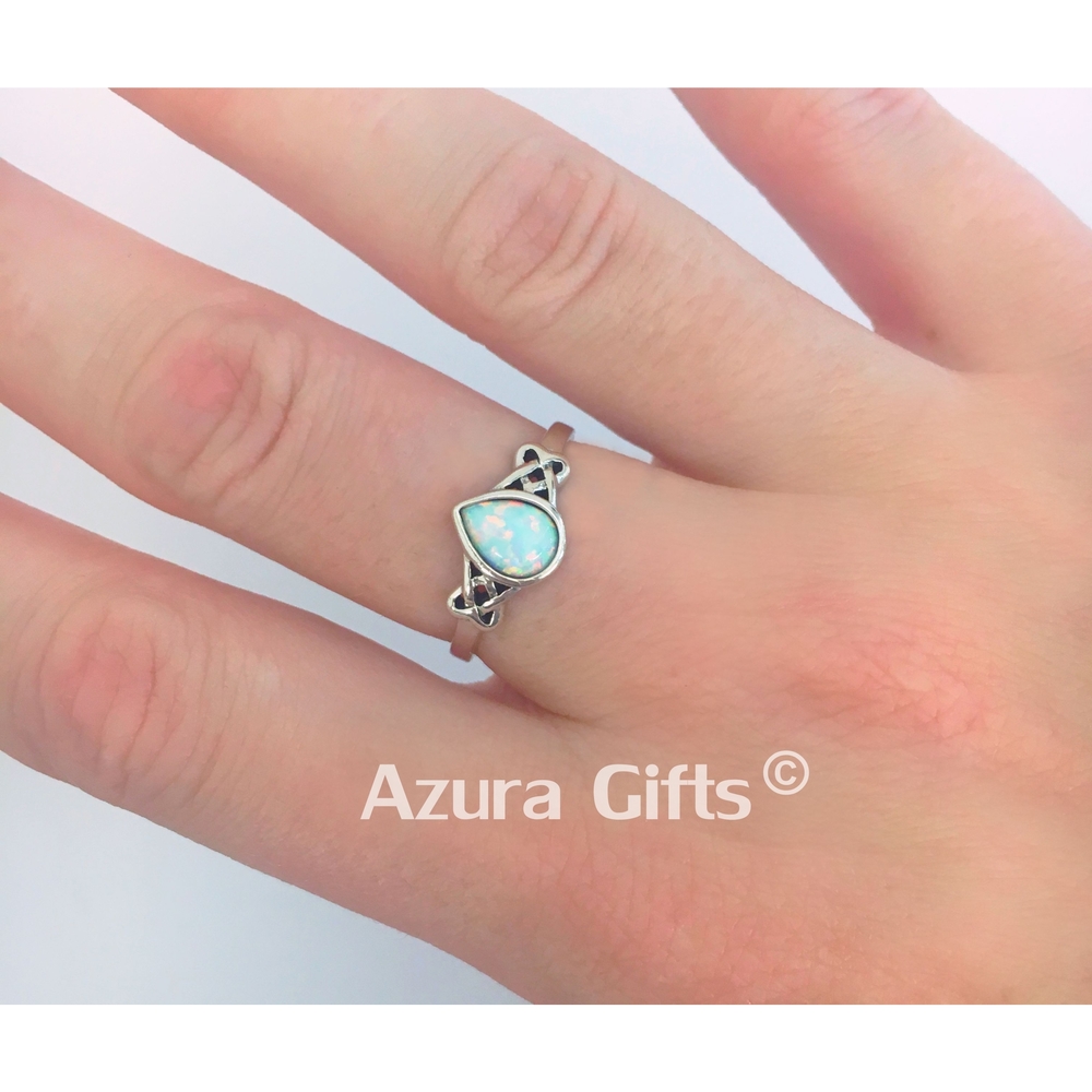 White Opal Silver Teardrop Ring
