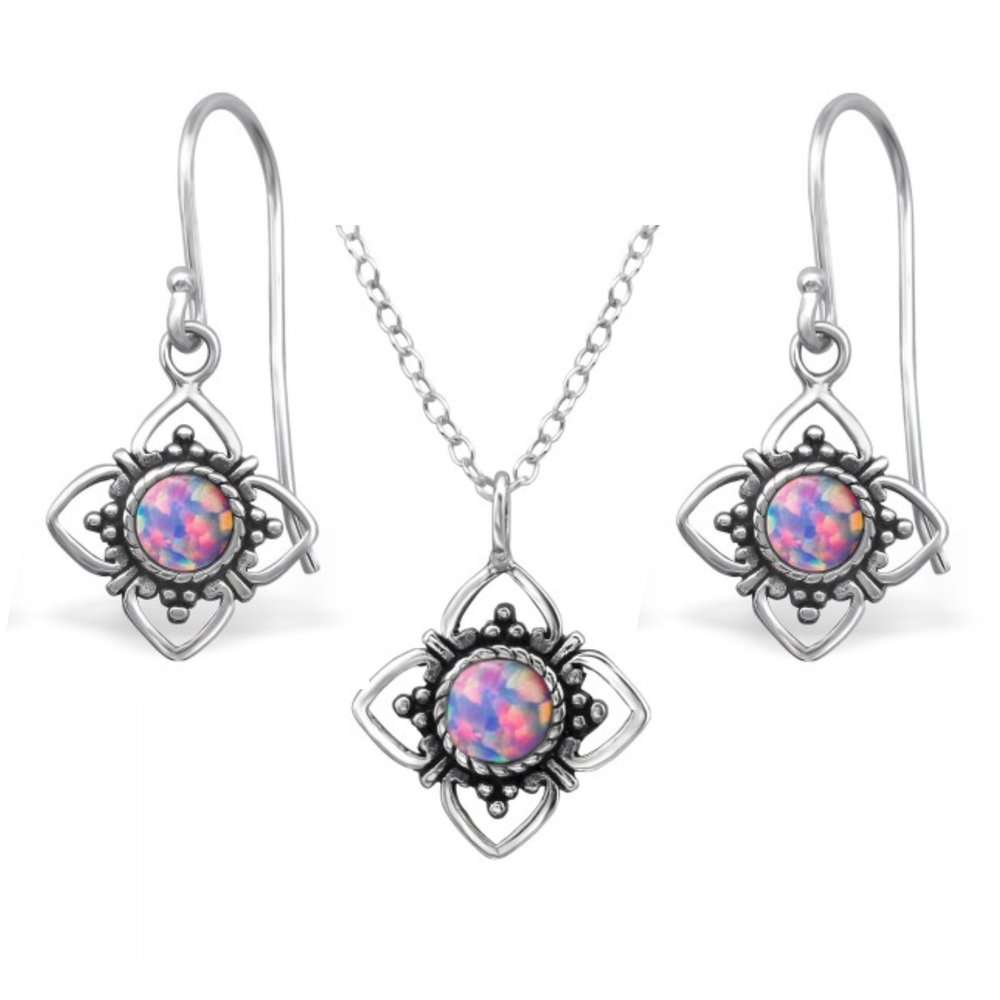Rainbow Opal Silver Flower Earrings & Necklace Set