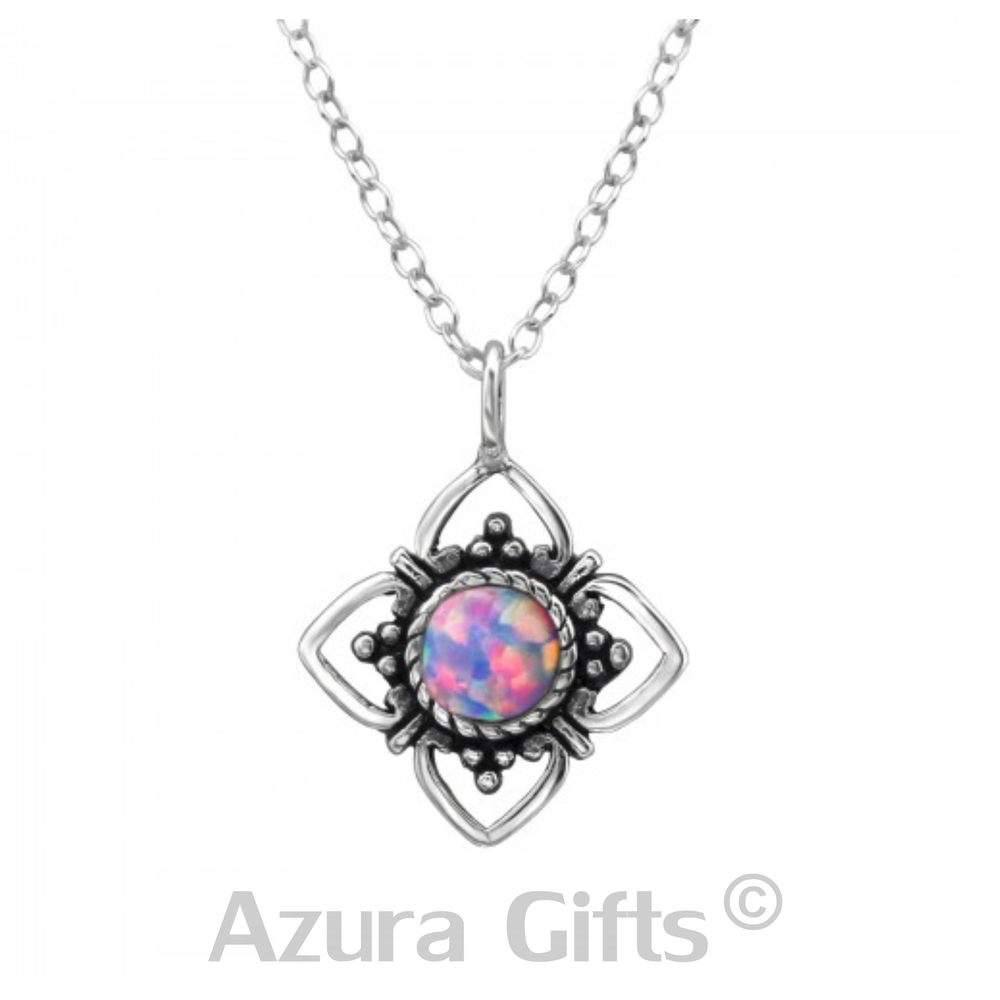 Rainbow Opal Silver Flower Earrings & Necklace Set