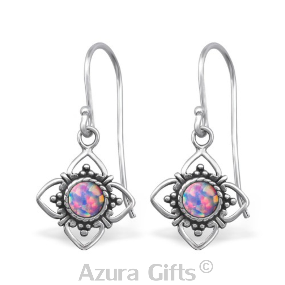 Rainbow Opal Silver Flower Earrings & Necklace Set