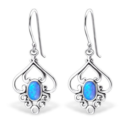 Blue Opal Silver Patterned Earrings & Necklace Set