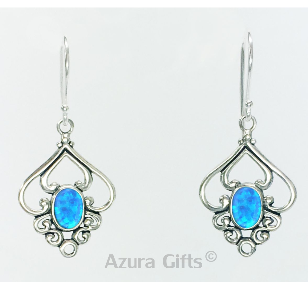 Blue Opal Silver Patterned Earrings & Necklace Set