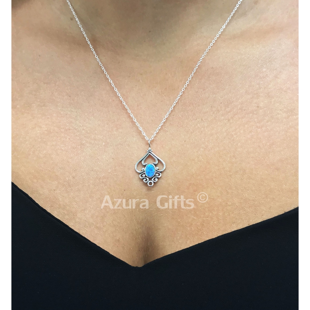 Blue Opal Silver Patterned Earrings & Necklace Set