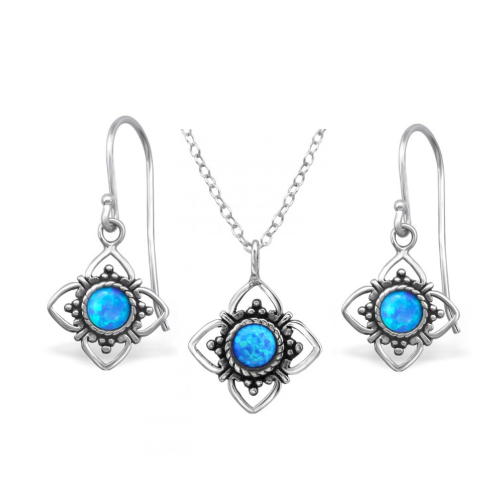 Blue Opal Silver Flower Earrings & Necklace Set