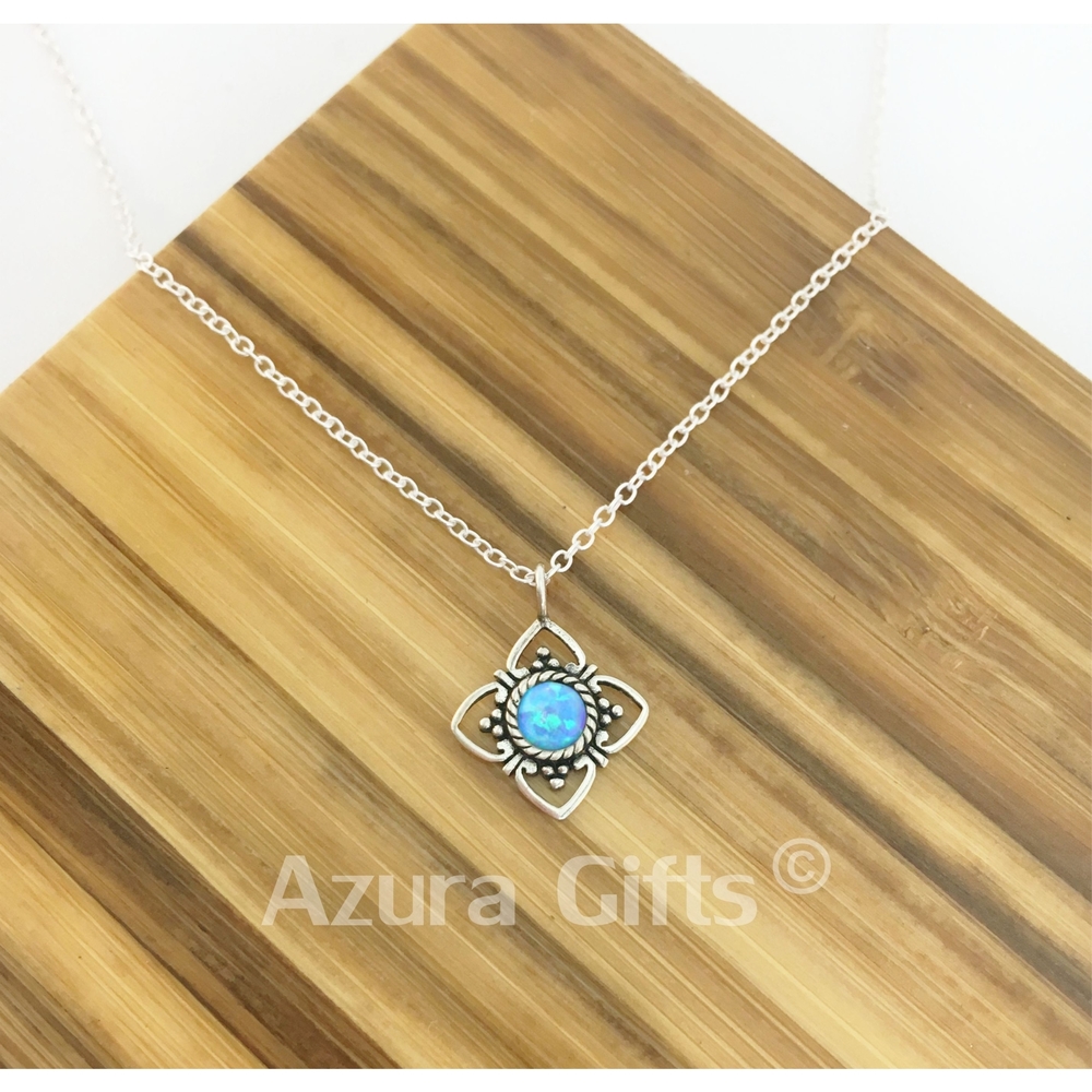 Blue Opal Silver Flower Earrings & Necklace Set