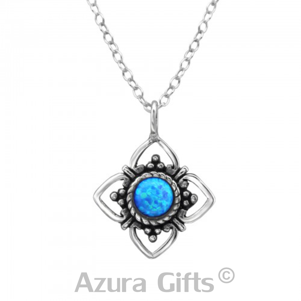 Blue Opal Silver Flower Earrings & Necklace Set